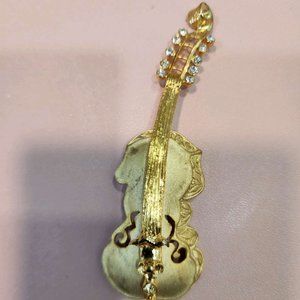 Vintage Tona Brooch Cello Violin Brushed Gold Tone with Rhinestones 3.5inch tall